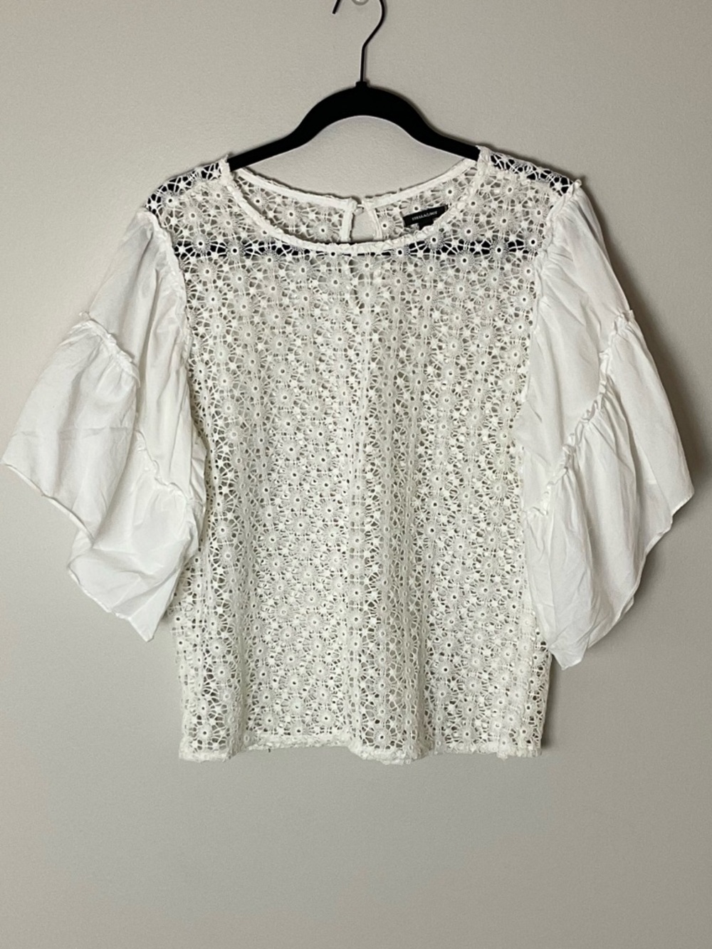 Stella & Dot White Gertie Top Lace Front Tiered Sleeve Boho Romantic Crochet L